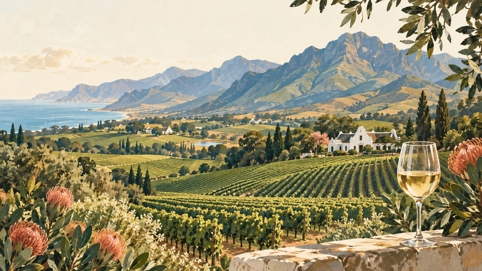AI-generated editorial illustration inspired by the Cape Winelands—not a photograph of the trip or a confirmed venue.